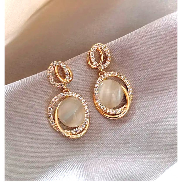 Gold Tone Trendy Round Drop Earrings with Cubic Zirconia - Picture 1 of 12